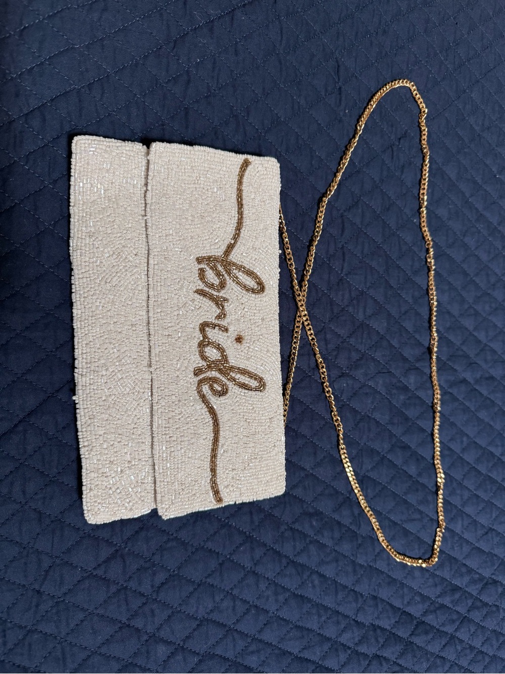 Beaded 'Bride' Crossbody Clutch with Gold Chain